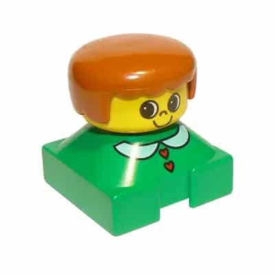 Duplo 2 x 2 x 2 Figure Brick, Green Base with White Collar and Red Heart Buttons, Yellow Head, Dark Orange Female Hair