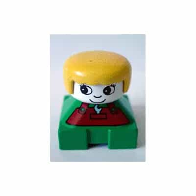 Duplo 2 x 2 x 2 Figure Brick, Green Base with Rust Overalls and Wrench Pattern, White Head with Eyelashes, Yellow Female Hair