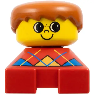 Duplo 2 x 2 x 2 Figure Brick, Red Base with Blue Argyle Sweater Pattern, Yellow Head with Freckles on Nose, Dark Orange Male Hair