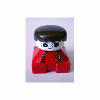 Duplo 2 x 2 x 2 Figure Brick, Red Base with Number 1 Race Pattern, White Head, Black Male Hair