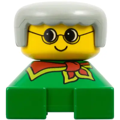 Duplo 2 x 2 x 2 Figure Brick, Grandmother, Green Base, Gray Hair, Yellow Face