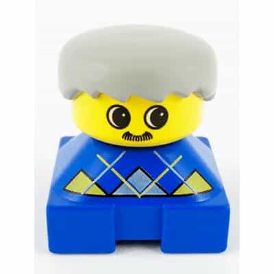 Duplo 2 x 2 x 2 Figure Brick, Blue Base with Yellow Argyle Sweater Pattern, Yellow Head with Moustache, Light Gray Male Hair