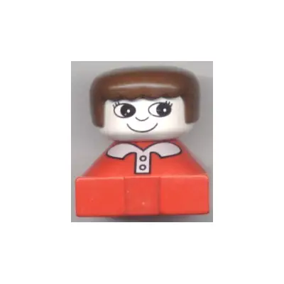 Duplo 2 x 2 x 2 Figure Brick, Red Base with White Collar and Pink Buttons, White Head with Eyelashes, Brown Female Hair