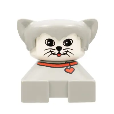 Duplo 2 x 2 x 2 Figure Brick, Cat, Light gray base with red collar, light gray hair, white face