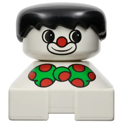 Duplo 2 x 2 x 2 Figure Brick, Clown, White Base, Green Bow with Red Dots, Black Hair, White Face with Red Nose