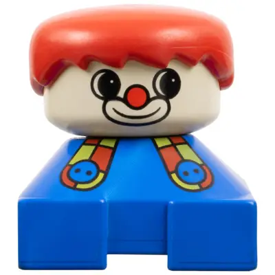 Duplo 2 x 2 x 2 Figure Brick, Clown, Blue Base with Button Suspenders, White Head, Red Male Hair