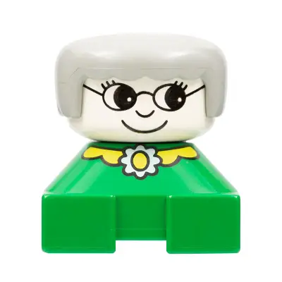 Duplo 2 x 2 x 2 Figure Brick, Grandmother, Green Base, Gray Hair, White Head, Yellow Collar with Flower