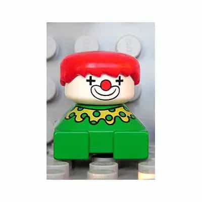 Duplo 2 x 2 x 2 Figure Brick, Clown, Green Base, Yellow Collar with Green Dots, White Head, Red Hair
