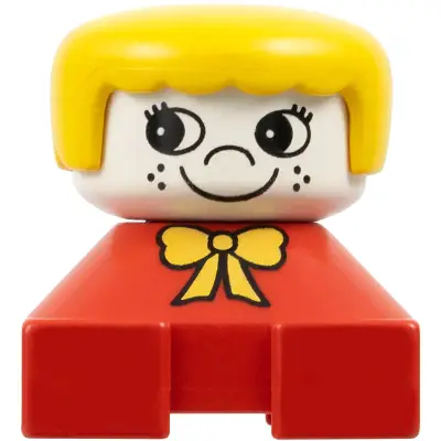 Duplo 2 x 2 x 2 Figure Brick, Red Base with Yellow Bow, White Head with Eyelashes and Freckles, Yellow Hair