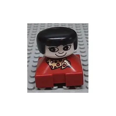 Duplo 2 x 2 x 2 Figure Brick, Red Base With Yellow and Red Polka Dot Scarf, White Face with Eyelashes, Black Female Hair