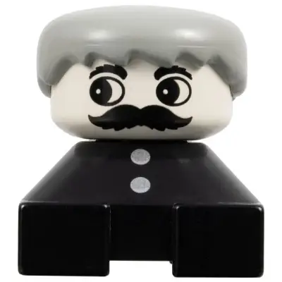 Duplo 2 x 2 x 2 Figure Brick, Black Base with Two Buttons, Gray Hair, White Face with Moustache