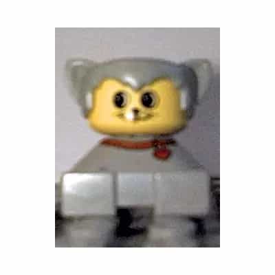 Duplo 2 x 2 x 2 Figure Brick, Cat, Light Gray Base With Red Collar, Light Gray Hair With Ears, Yellow Face with Round Eyes and 2 Whiskers