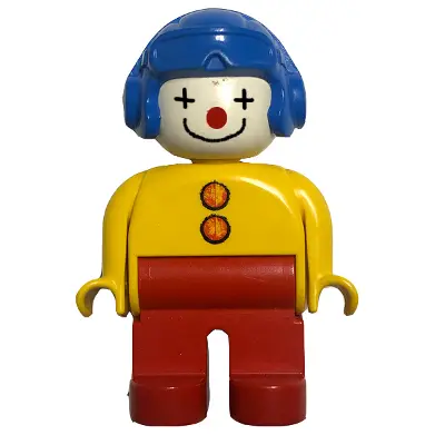 Duplo Figure, Male Clown, Red Legs, Yellow Top with 2 Buttons, Yellow Arms, Blue Aviator Helmet