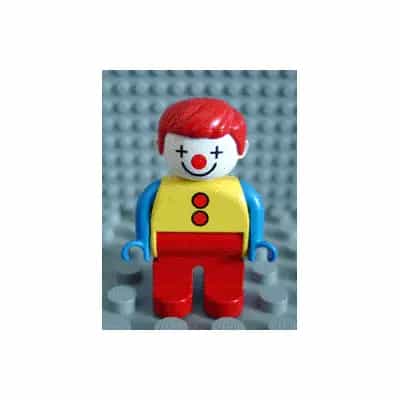 Duplo Figure, Male Clown, Red Legs, Yellow Top with 2 Buttons, Blue Arms, Red Hair Straight