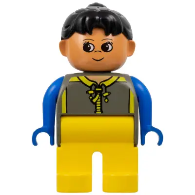 Duplo Figure, Female, Yellow Legs, Dark Gray Top with Yellow Zipper and Blue Arms, Black Ponytail