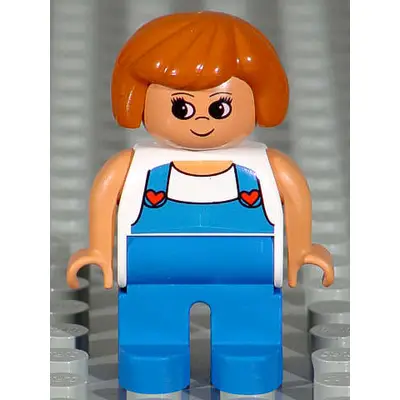 Duplo Figure, Female, Blue Legs, White Top with Blue Overalls with Red Hearts
