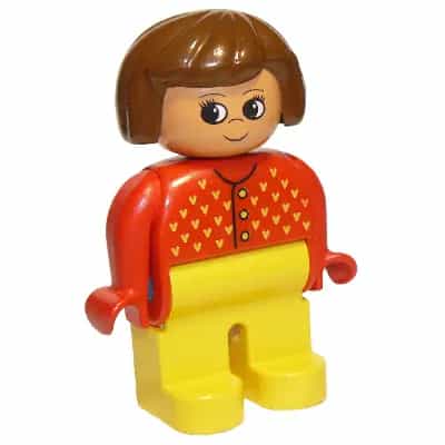 Duplo Figure, Female, Yellow Legs, Red Sweater with Yellow V Stitching, Brown Hair, Turned Up Nose (75496)
