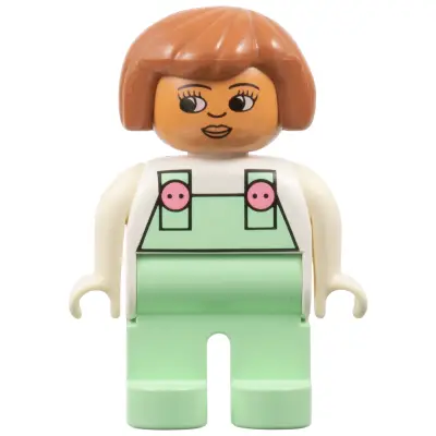 Duplo Figure, Female, Light Green Legs, White Top with Light Green Overalls with Pink Buttons, Fabuland Brown Hair (Patty)