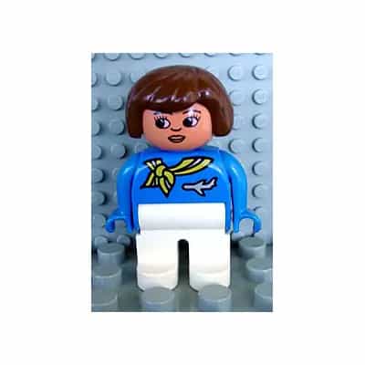 Duplo Figure, Flight Attendant - Female, White Legs, Blue Top with Scarf with Stripe and Jet Airplane Pin Pattern, Brown Hair, Nougat Head with Lips and Turned Down Nose