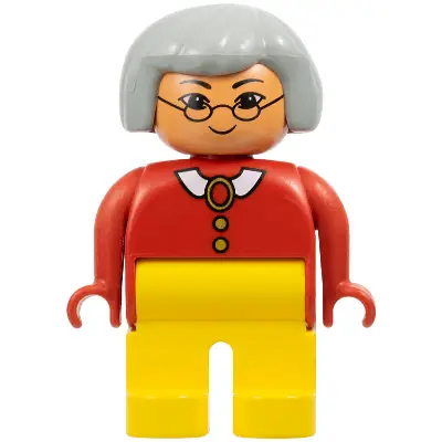 Duplo Figure - Female, Adult Woman, Yellow Legs, Red Top with Collar, Buttons, and Brooch Pattern, Light Gray Hair, Nougat Head (75500)