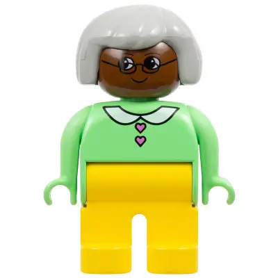 Duplo Figure - Female, Adult Woman, Yellow Legs, Medium Green Top with Collar and Heart Buttons Pattern, Light Gray Hair, Brown Head (75506)