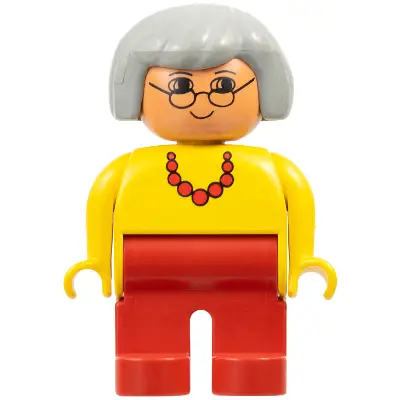 Duplo Figure, Female, Red Legs, Yellow Top with Red Necklace, Light Gray Hair, Glasses