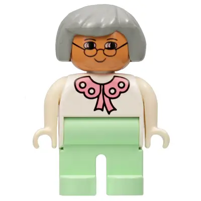 Duplo Figure, Female, Light Green Legs, White Blouse, Gray Hair, Glasses