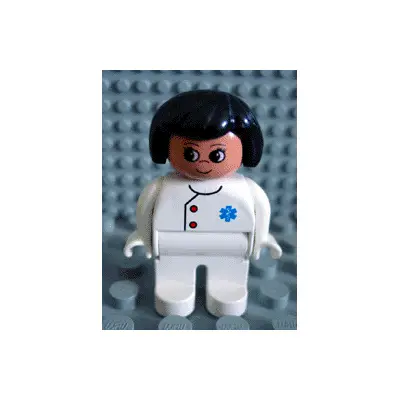 Duplo Figure, Doctor / Medic - Female, Adult Woman, White Legs, White Top with Buttons and EMT Star of Life Pattern, Black Hair, Nougat Head (75493)