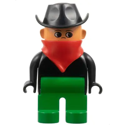 Duplo Figure, Male, Green Legs, Black Top, Red Scarf, Cowboy Hat (Western Bad Guy)