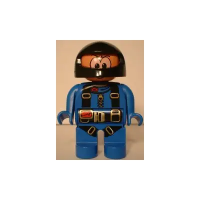 Duplo Figure, Male Action Wheeler, Blue Racing Suit with Harness Straps, Black Racing Helmet (4141891)