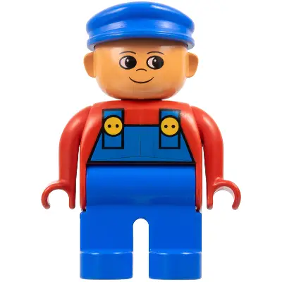 Duplo Figure, Male, Blue Legs, Red Top with Blue Overalls, Blue Cap, Turned Up Nose