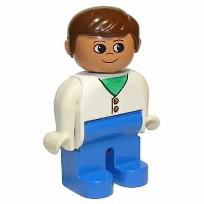 Duplo Figure, Male, Blue Legs, White Two Button Cardigan, Brown Hair (75466)