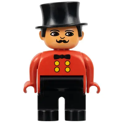 Duplo Figure, Male, Black Legs, Red Top, Top Hat (Circus Ringmaster)