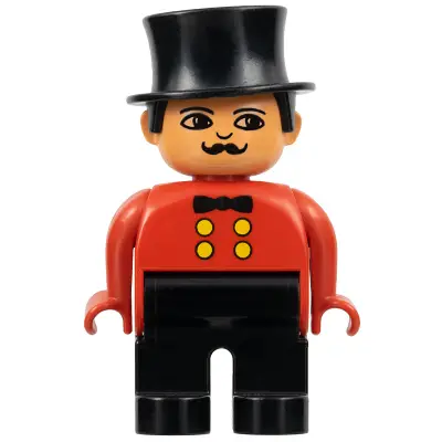 Duplo Figure, Male, Black Legs, Red Top, Top Hat, no White in Eyes Pattern (Circus Ringmaster)