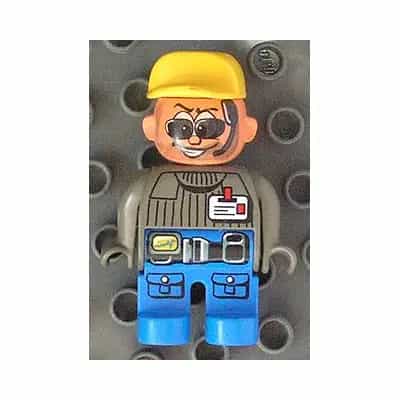 Duplo Figure, Male Action Wheeler, Blue Legs, Dark Gray Top with ID Badge with Belt, Yellow Cap, Sunglasses (4141907)