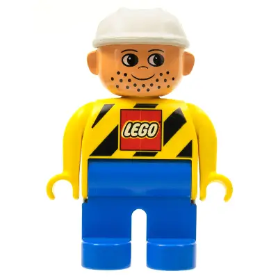 Duplo Figure, Male, Blue Legs, Yellow Top with LEGO Logo on Black Danger Stripes, White Construction Hat (4120077)