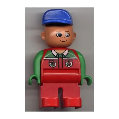 Duplo Figure, Male, Red Legs, Red Top with Octan Logo, Crooked Blue Hat