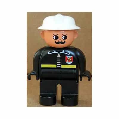 Duplo Figure, Male Fireman, Black Legs, Black Top with Fire Logo and Zipper, White Fire Helmet, Moustache