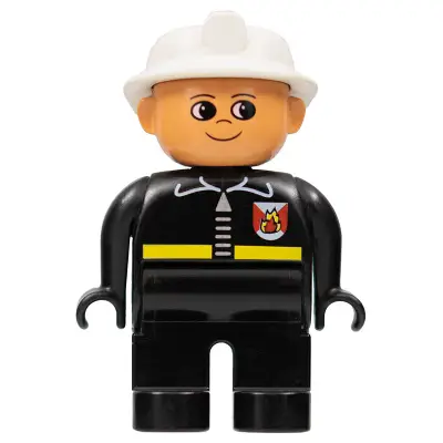 Duplo Figure, Male Fireman, Black Legs, Black Top with Fire Logo and Zipper, White Fire Helmet (75600)