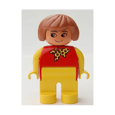 Duplo Figure, Female, Yellow Legs, Red Top with Yellow and Red Polka Dot Scarf, Yellow Arms, Fabuland Brown Hair, without Nose