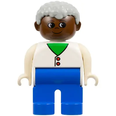 Duplo Figure - Male, Adult Man, Blue Legs, White Top with Buttons over Shirt Pattern, Light Gray Hair, Brown Head (75505)