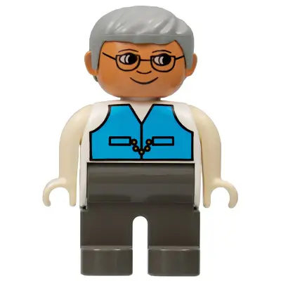 Duplo Figure, Male, Dark Gray Legs, Medium Blue Vest, Gray Hair, Glasses