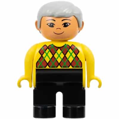Duplo Figure - Male, Adult Man, Black Legs, Yellow Top with Argyle Pattern, Light Gray Hair, Nougat Head (75499)