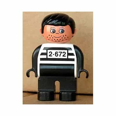 Duplo Figure, Male, Black Legs, White Top with 2-672 Number on Chest, Black Hair, Black Hands, Stubble (Jailbreak Joe)
