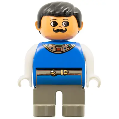 Duplo Figure, Male, Dark Gray Legs, Blue Top with Gold Necklace and Belt, Moustache (4171807)