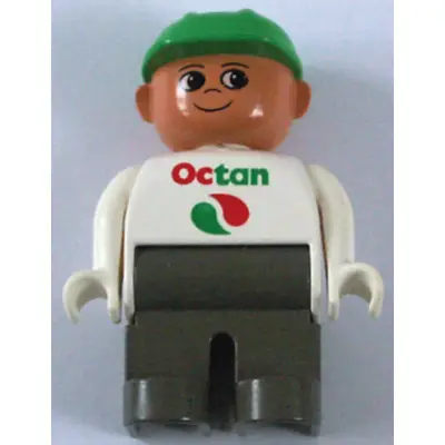 Duplo Figure, Male, Dark Gray Legs, White Top with Octan Logo, Green Helmet (4143720)