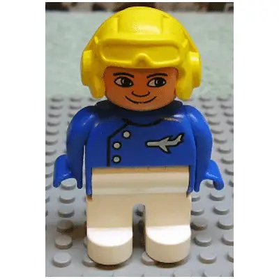 Duplo Figure, Male, White Legs, Blue Top with Plane Logo, Yellow Aviator Helmet, (Pilot)