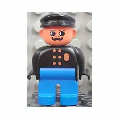 Duplo Figure, Male Police, Blue Legs, Black Top with Gold Badge, Black Hat, Turned Up Nose and Round Eyes