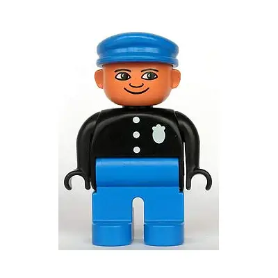 Duplo Figure, Police Officer - Male, Adult Man, Blue Legs, Black Top with Buttons and Badge Pattern, Blue Hat, Nougat Head with Turned Down Nose