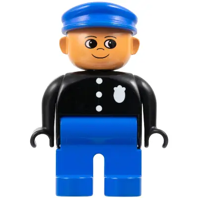 Duplo Figure, Police Officer - Male, Adult Man, Blue Legs, Black Top with Buttons and Badge Pattern, Blue Hat, Nougat Head with Turned Up Nose (75516)